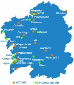 Mapa dos locais de ensaio activos e os que están en construción